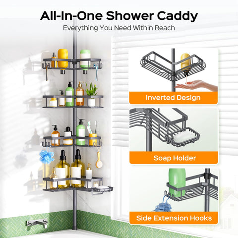 HAMITOR Corner Shower Caddy tension pole holds unit securely between floor and ceiling.