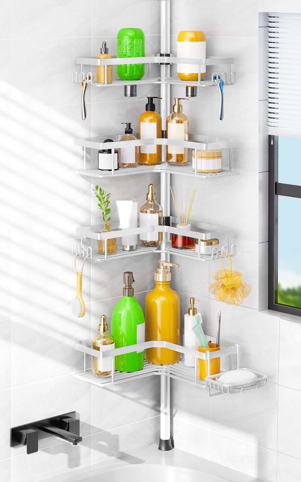 HAMITOR Corner Shower Caddy White featuring 4-tier shelves for organized bathroom storage.
