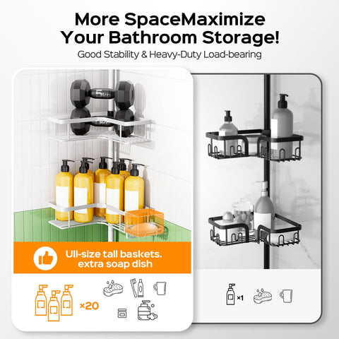 HAMITOR shower caddy height adjusts from 47.71 to 123.6 inches.