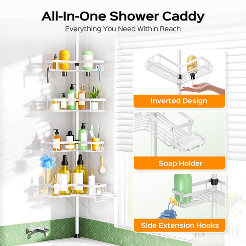HAMITOR white caddy includes soap dish and extension hooks for easy access.