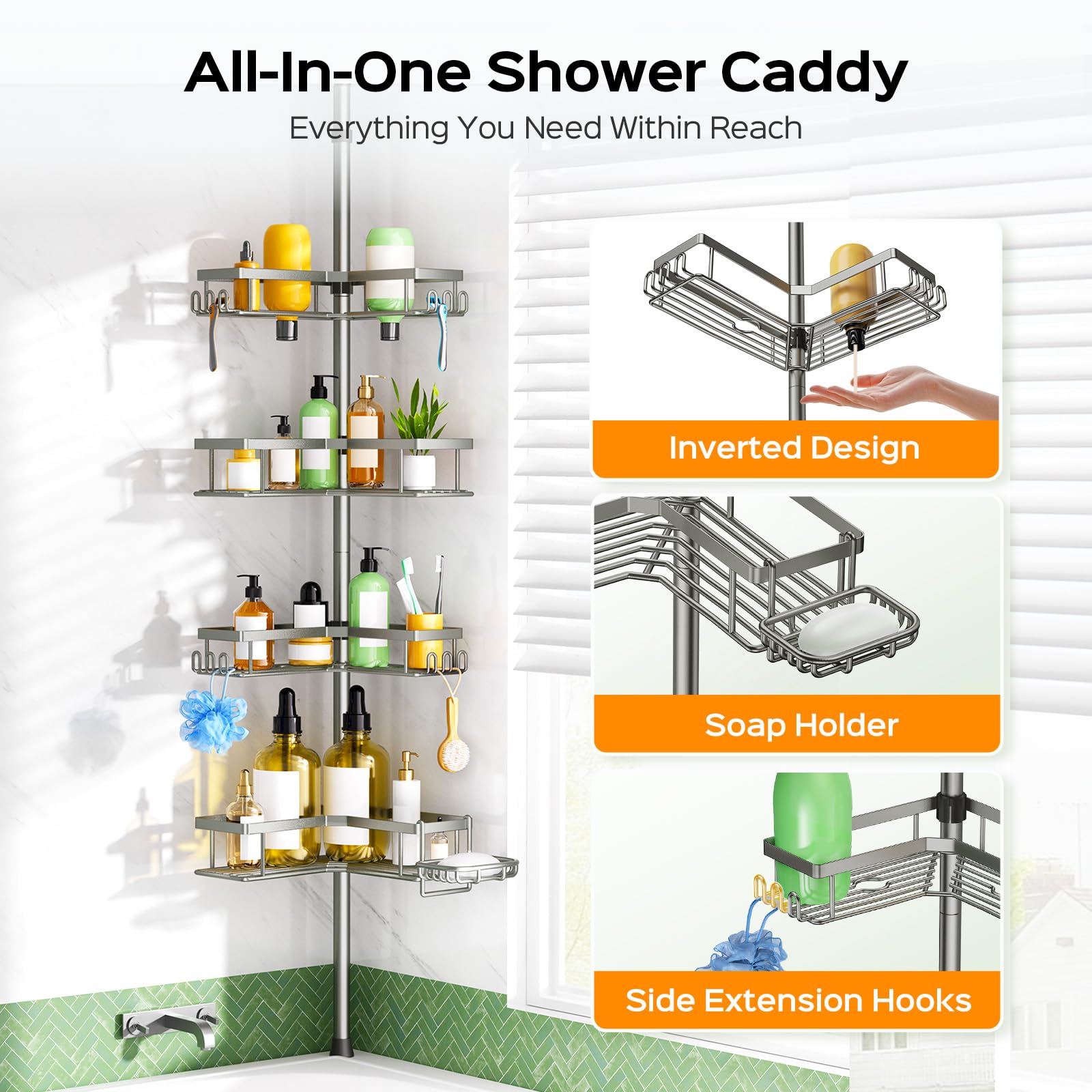 HAMITOR corner shower storage keeps items within easy reach in small baths.