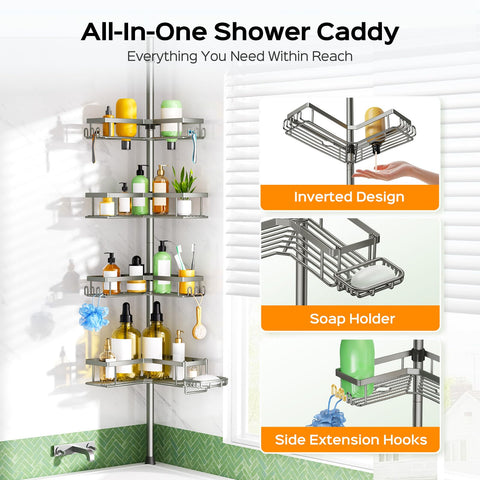 HAMITOR corner shower storage keeps items within easy reach in small baths.