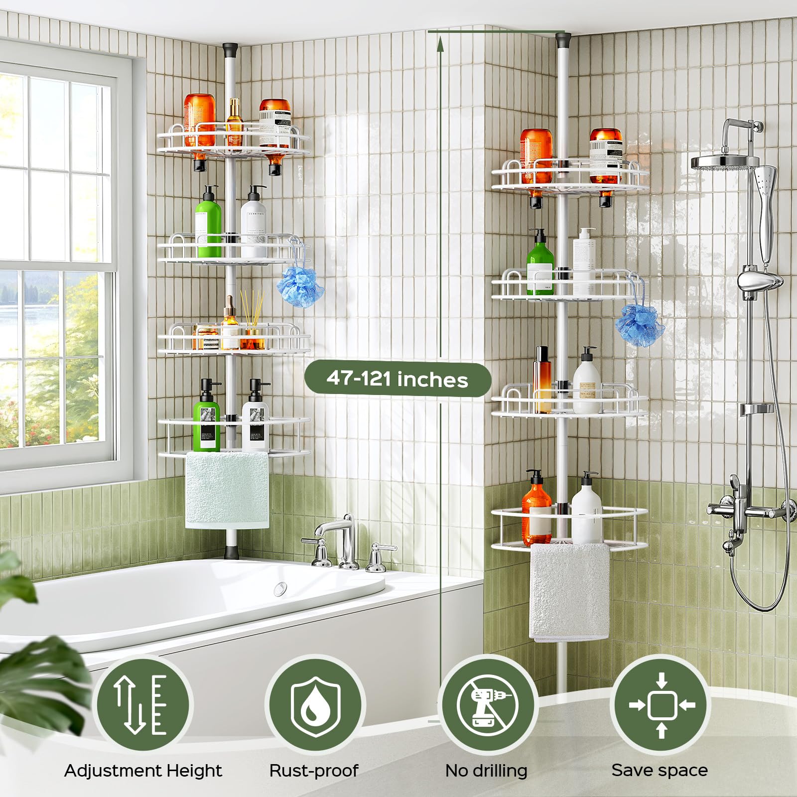 HAMITOR hidden hooks keep razors, loofahs, and towels organized.