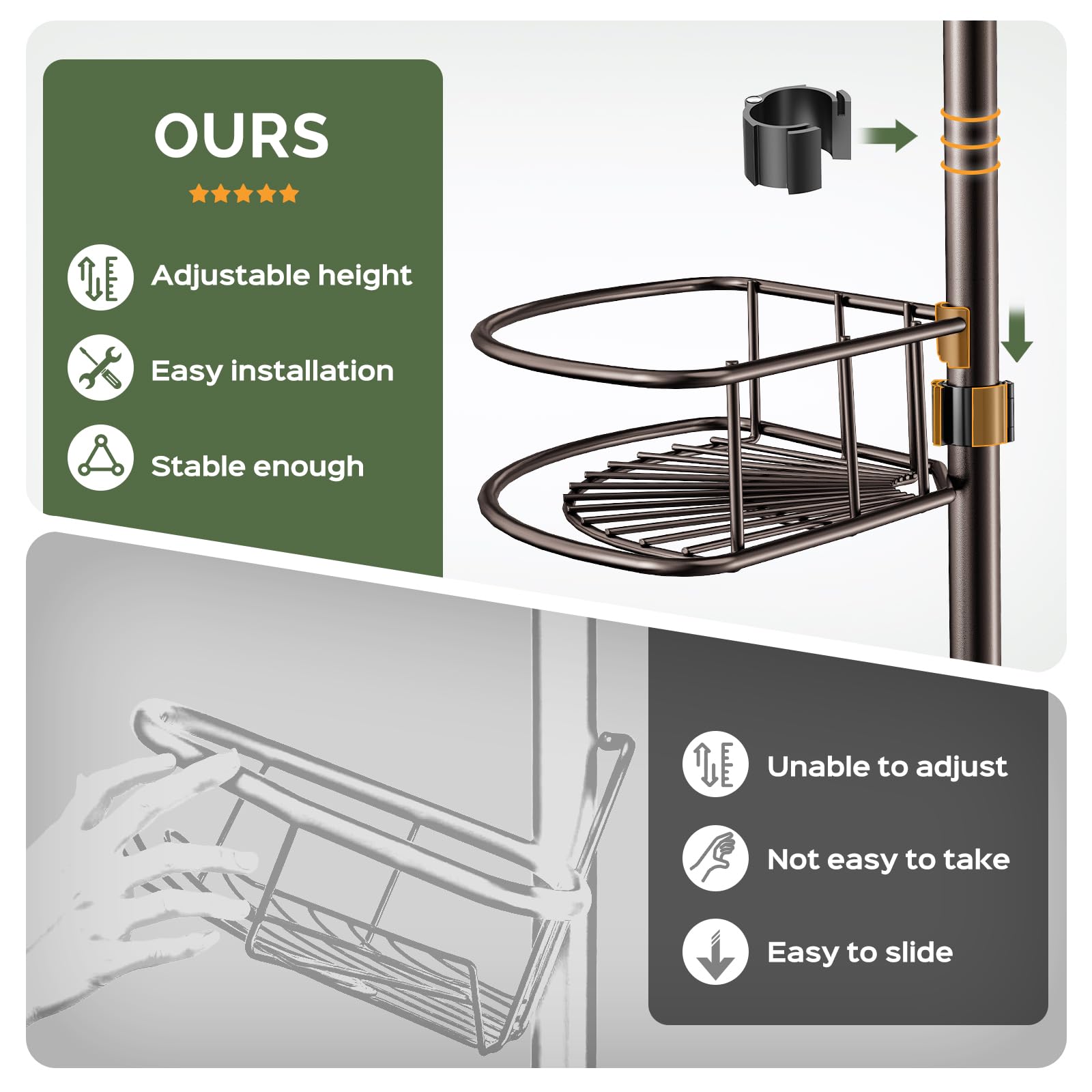 HAMITOR No-drill installation keeps renter bathrooms flexible and damage-free.