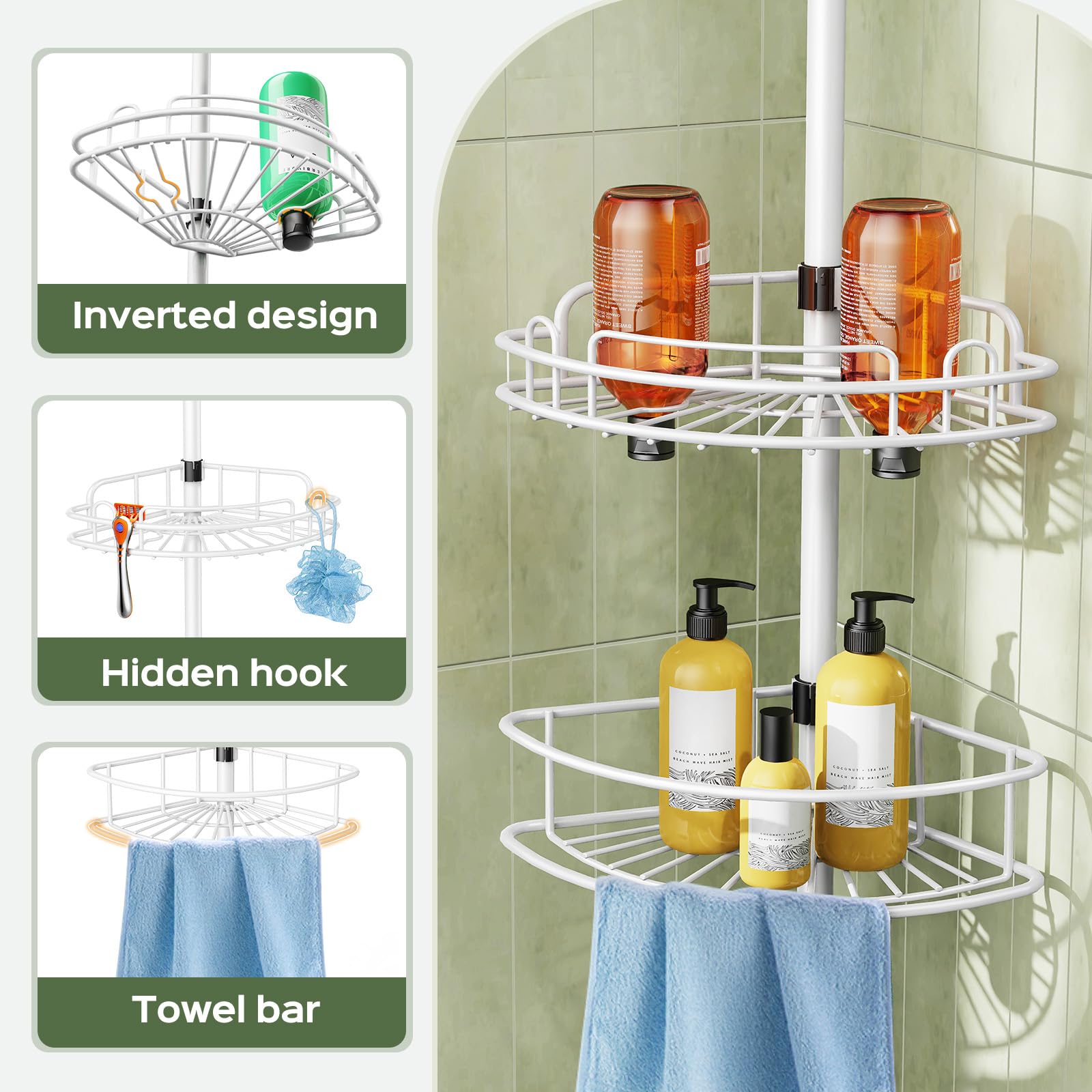 HAMITOR rustproof materials ensure durable, easy-to-clean shower storage.
