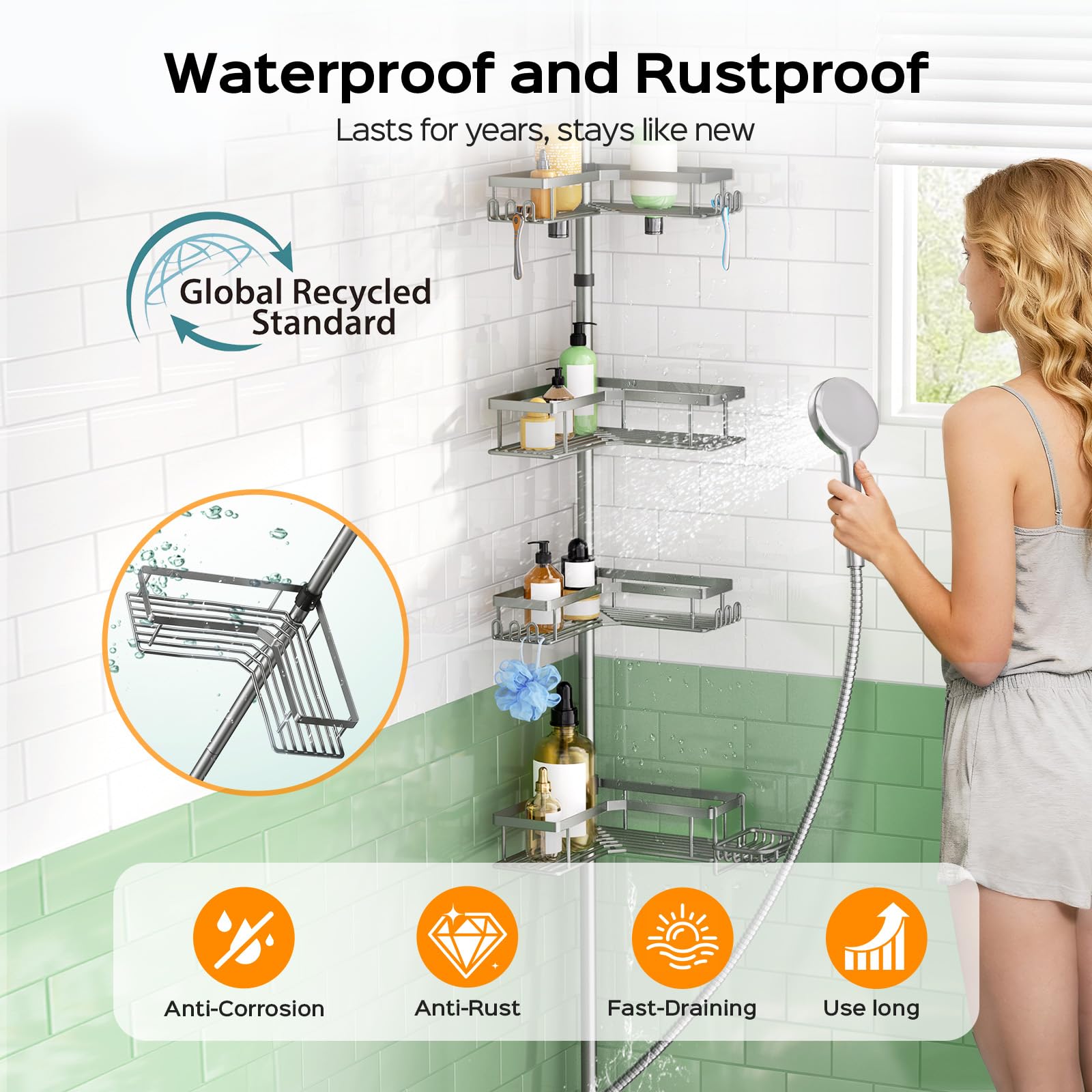 HAMITOR rustproof stainless steel shelves resist humidity for lasting bathroom organization.