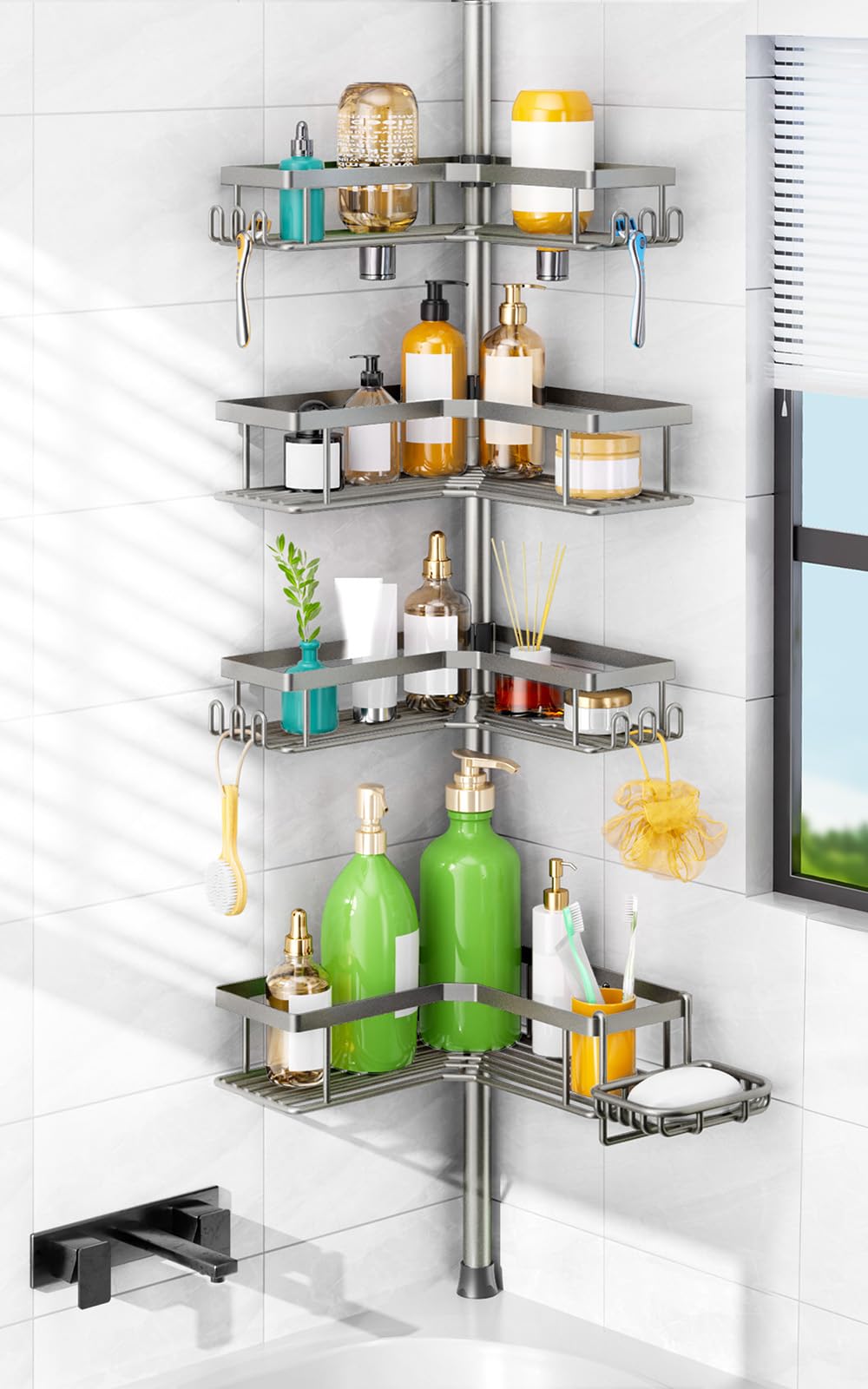 HAMITOR shower caddy tension pole with 4-tier corner design for compact storage.
