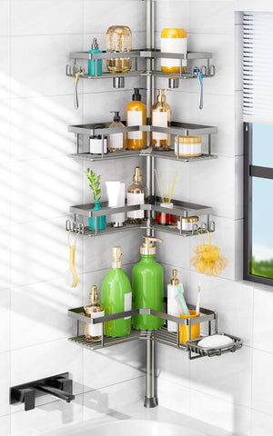 HAMITOR shower caddy tension pole with 4-tier corner design for compact storage.