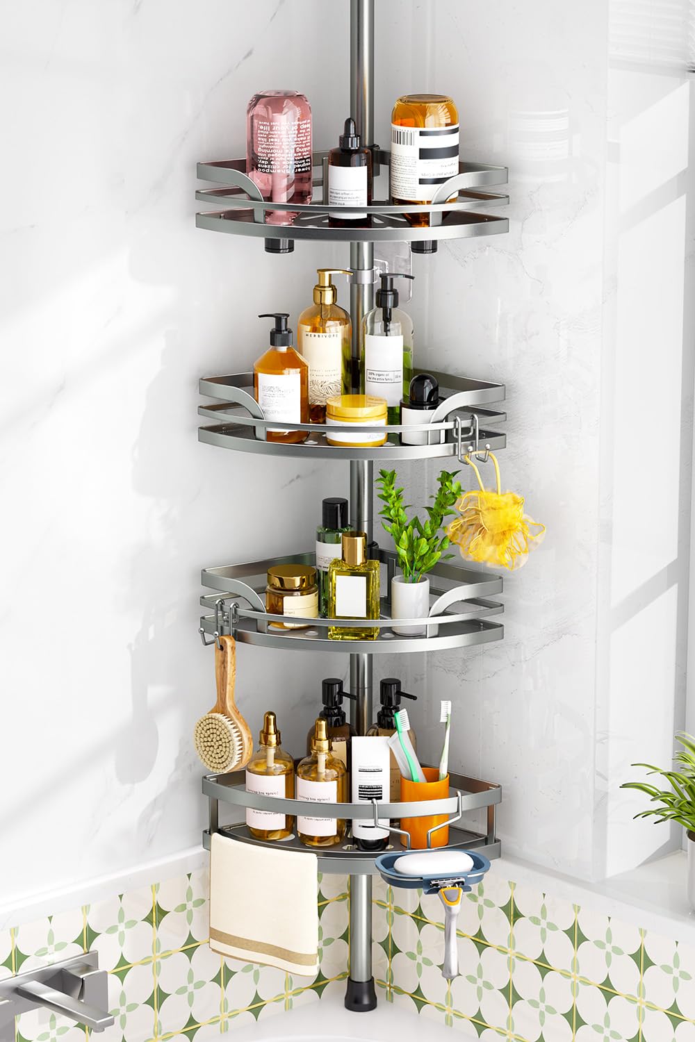HAMITOR shower caddy tension pole with four tiers keeps toiletries neatly organized