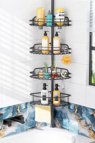 HAMITOR 4-tier shower caddy stores bottles neatly, maximizing corner space
