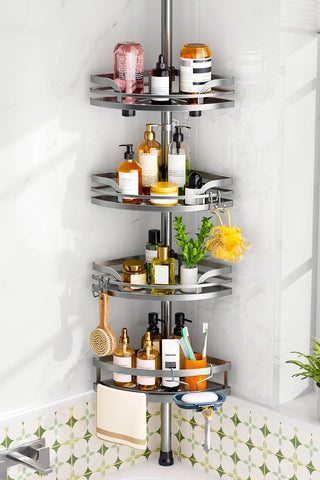 HAMITOR shower caddy tension pole with four tiers keeps toiletries neatly organized
