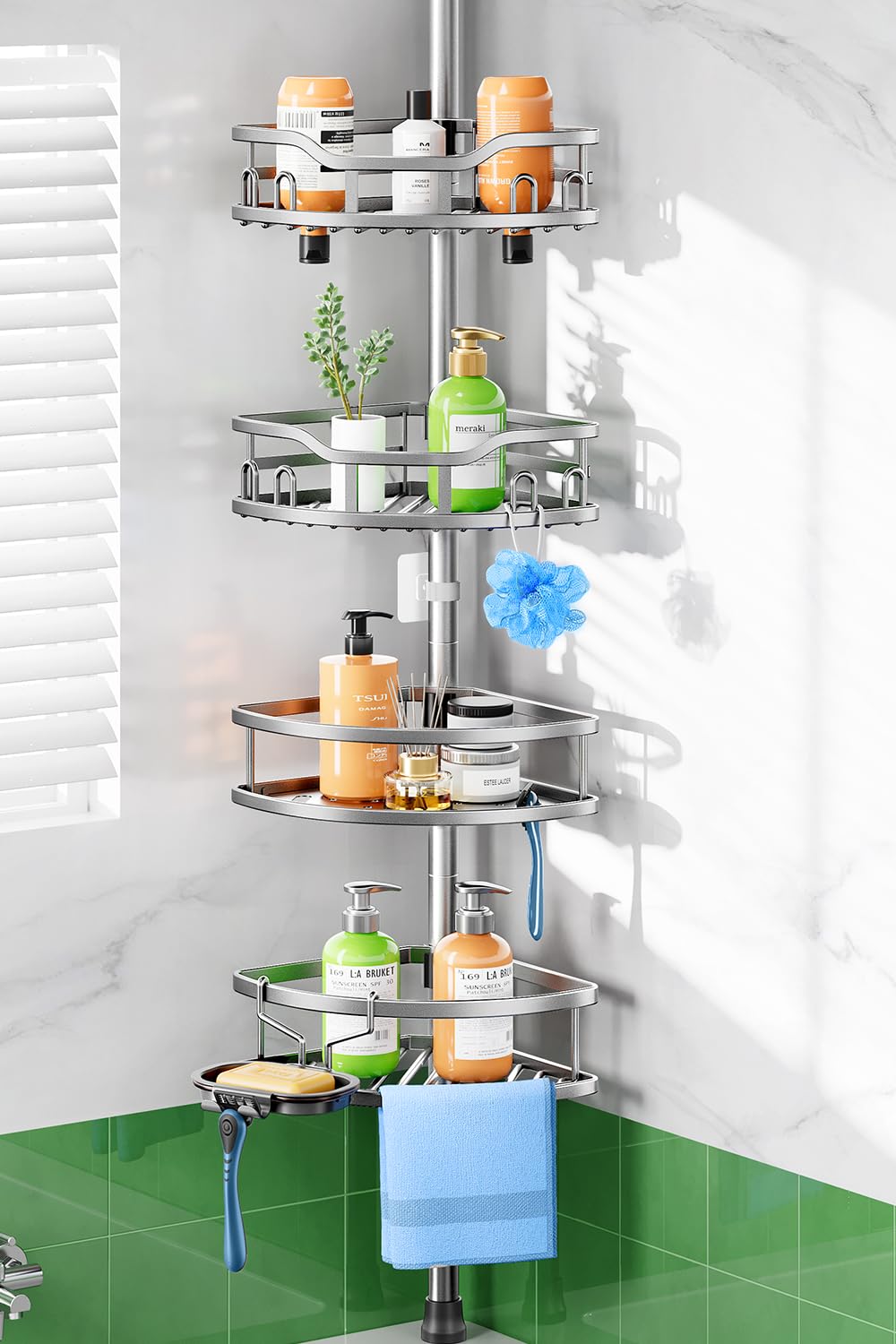 HAMITOR shower caddy tension pole assembly shows quick setup without drilling