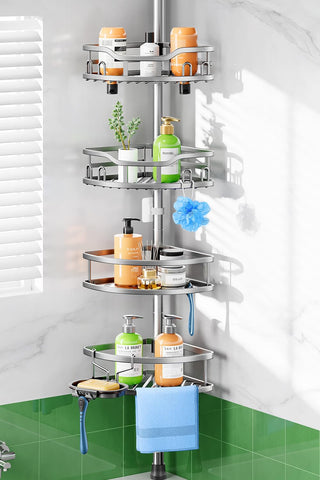 HAMITOR shower caddy tension pole assembly shows quick setup without drilling
