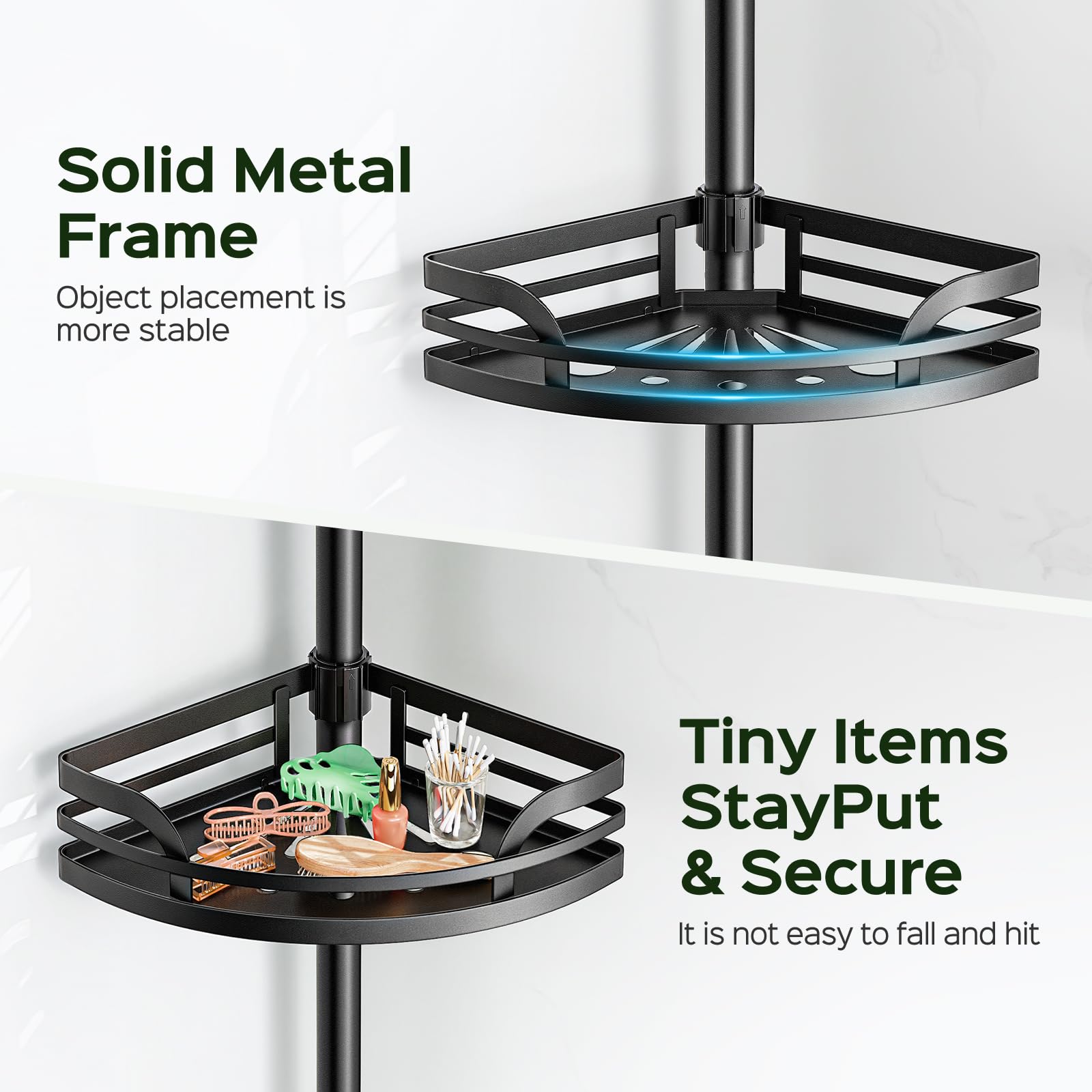 HAMITOR Shower Caddy Tension Pole extended height shows adjustable fit for tall ceilings.