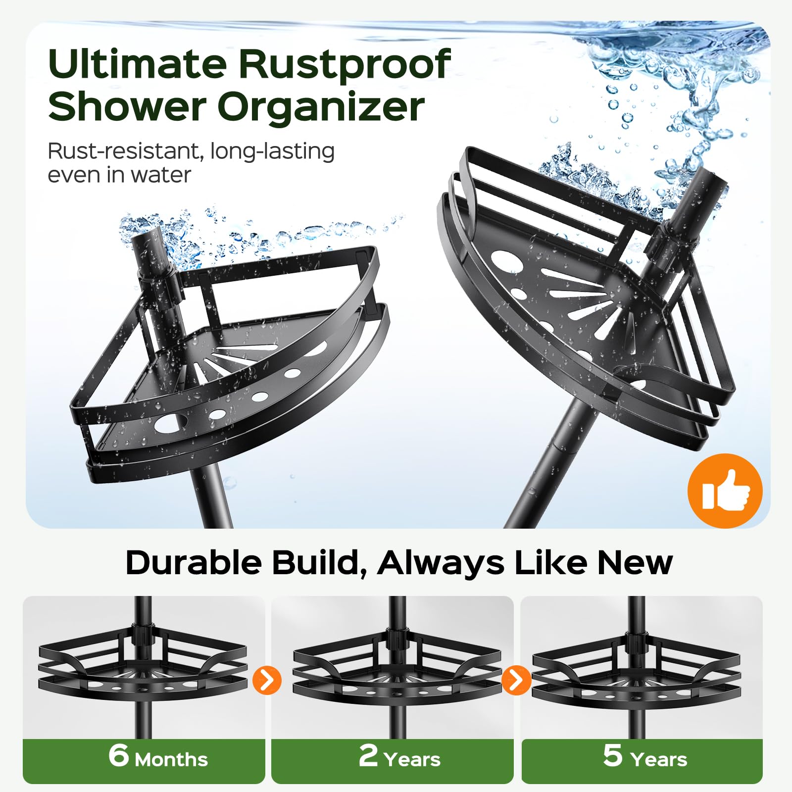 HAMITOR Shower Caddy Tension Pole flat plate bottom secures small bottles.