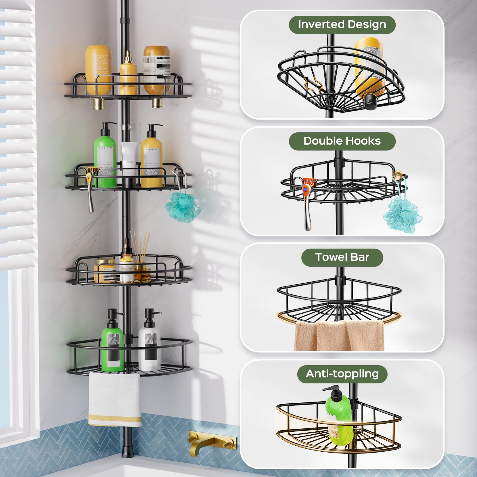 HAMITOR large capacity shelves hold big shampoo bottles securely