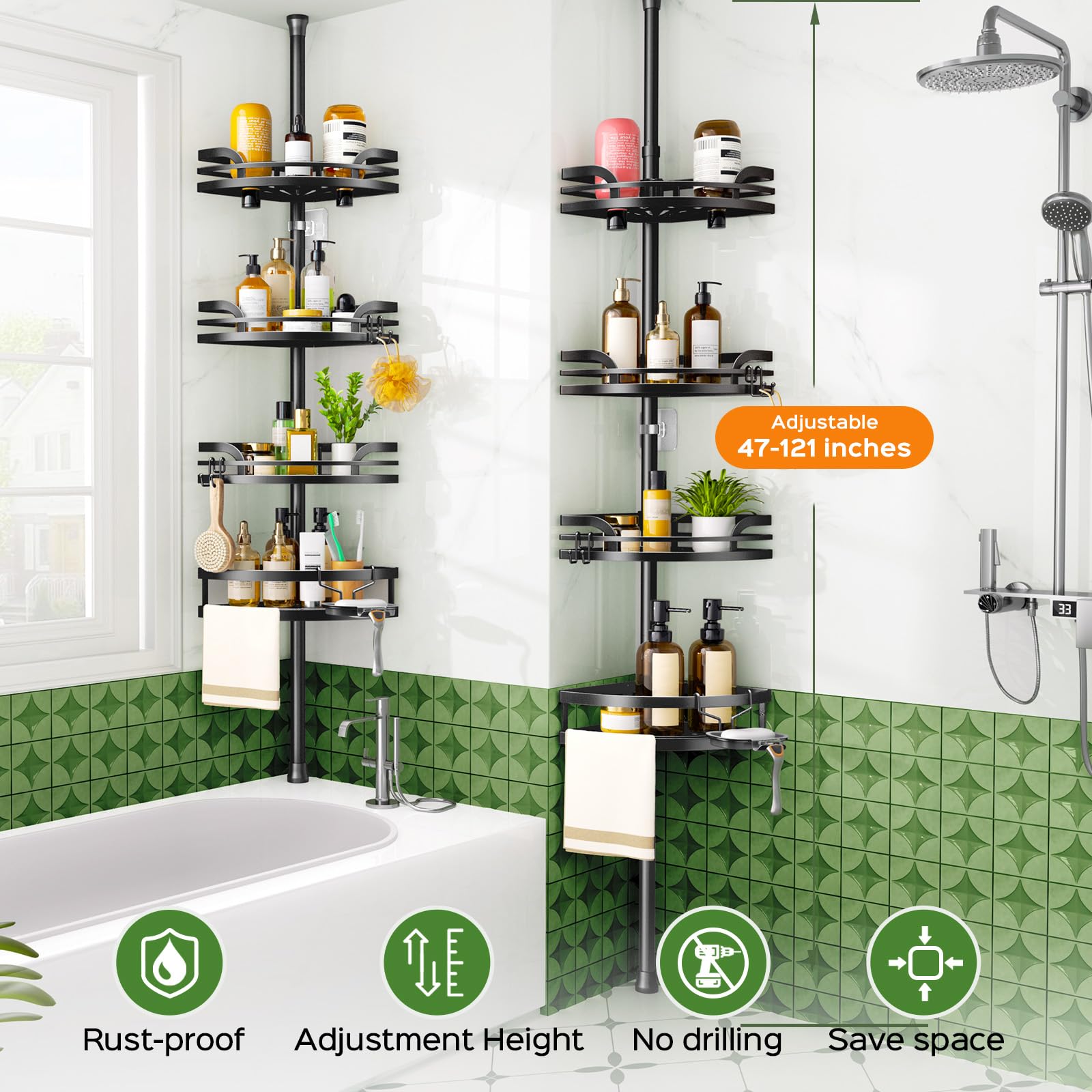 HAMITOR Shower Caddy Tension Pole in a rental bathroom demonstrates non-permanent storage.