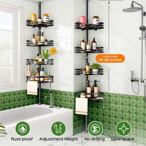 HAMITOR Shower Caddy Tension Pole in a rental bathroom demonstrates non-permanent storage.