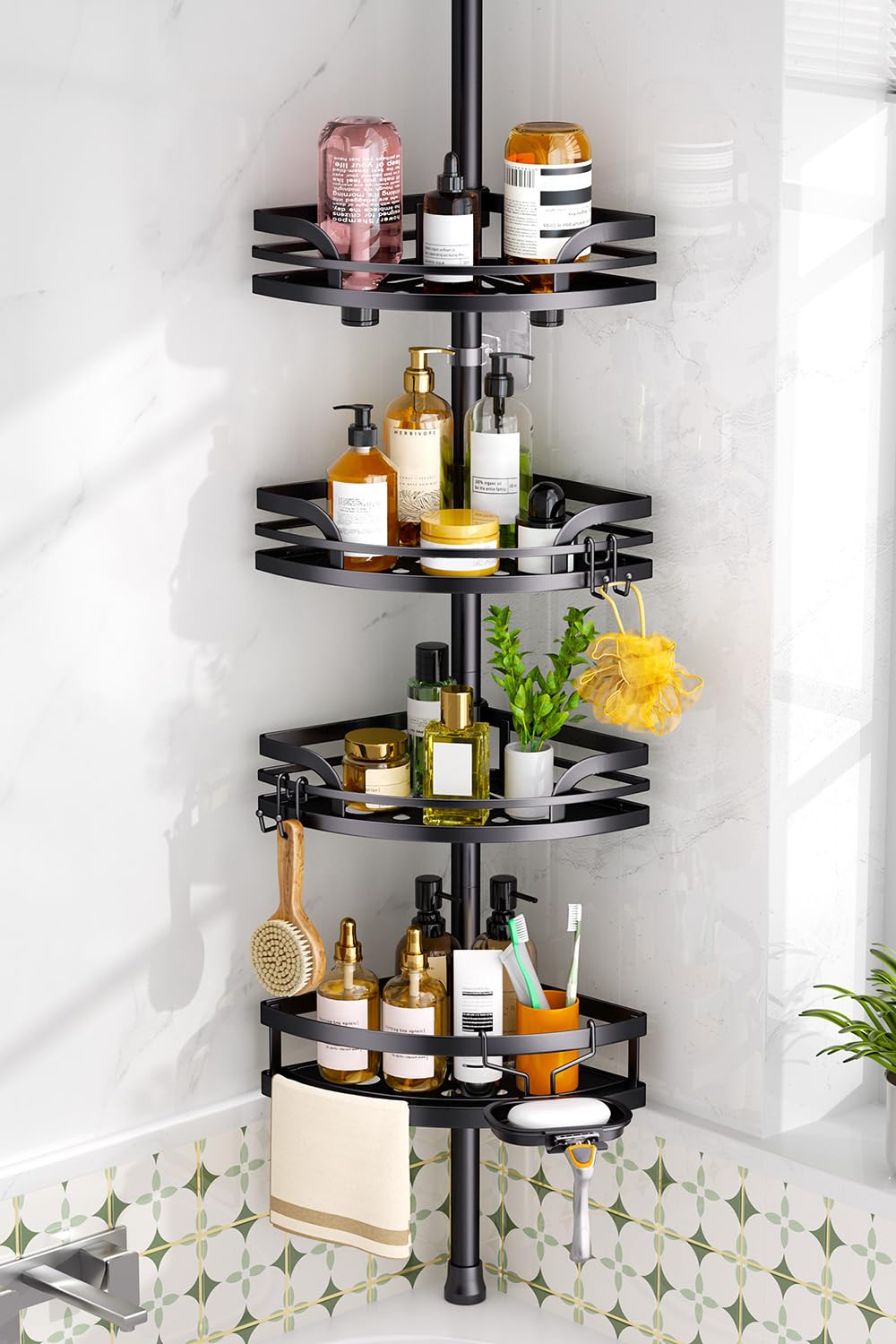 HAMITOR Shower Caddy Tension Pole setup demonstrates tool-free installation for rental bathrooms.