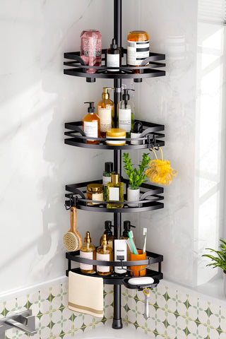 HAMITOR Shower Caddy Tension Pole setup demonstrates tool-free installation for rental bathrooms.