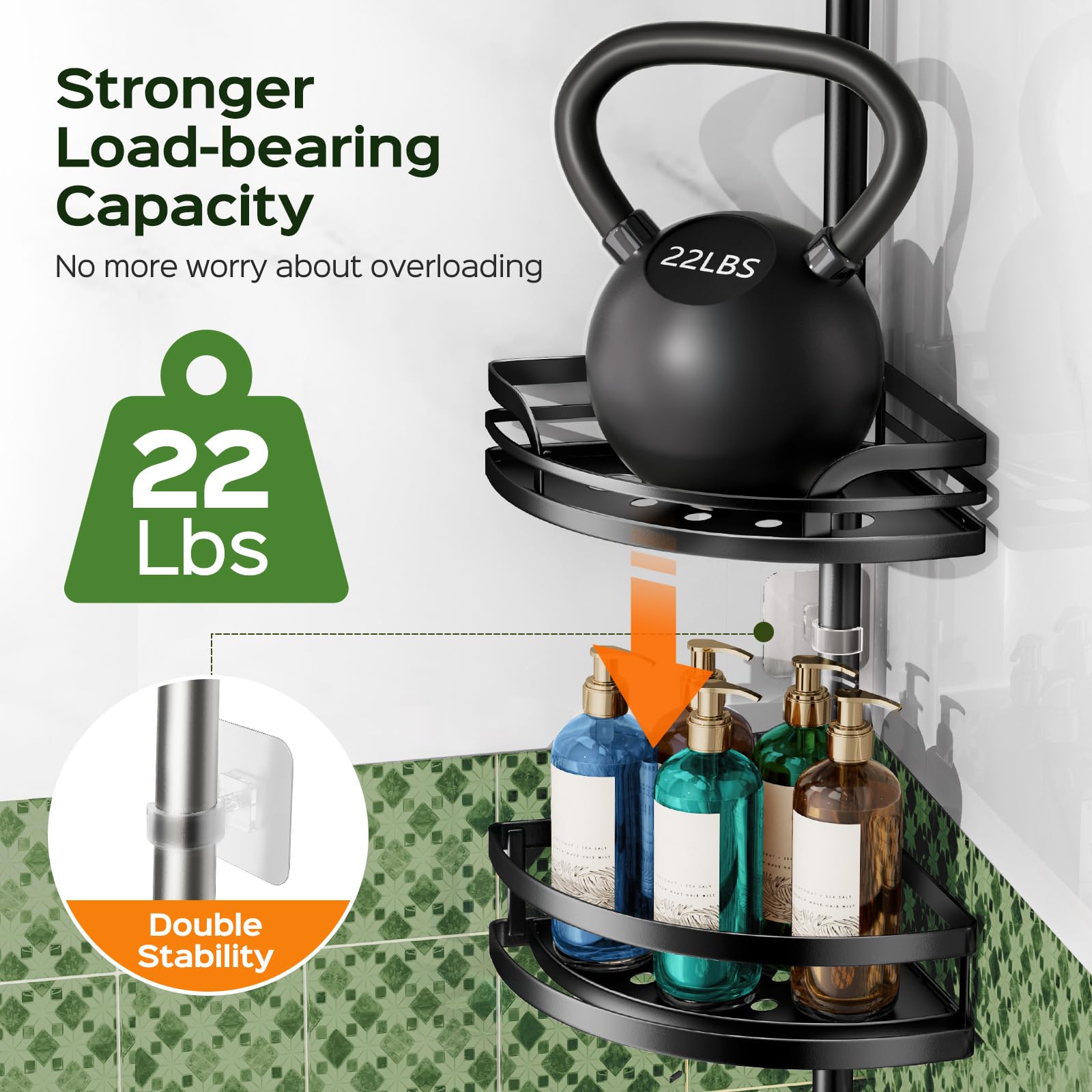 HAMITOR Shower Caddy Tension Pole soap holder keeps essentials within reach.