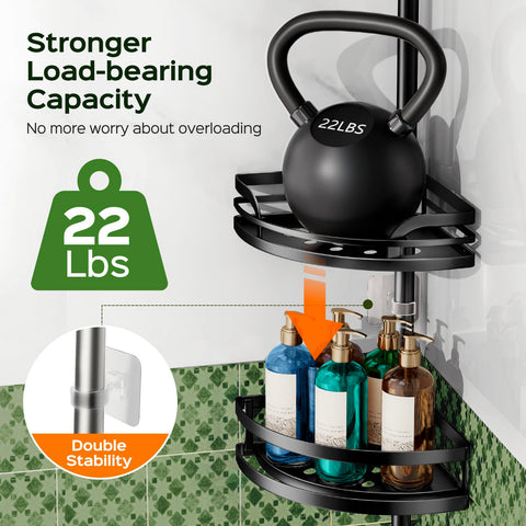 HAMITOR Shower Caddy Tension Pole soap holder keeps essentials within reach.