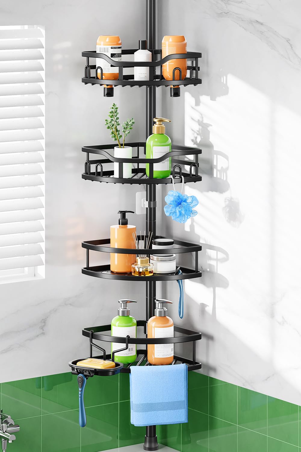 HAMITOR shower caddy top-mount design enhances stability in small bathrooms