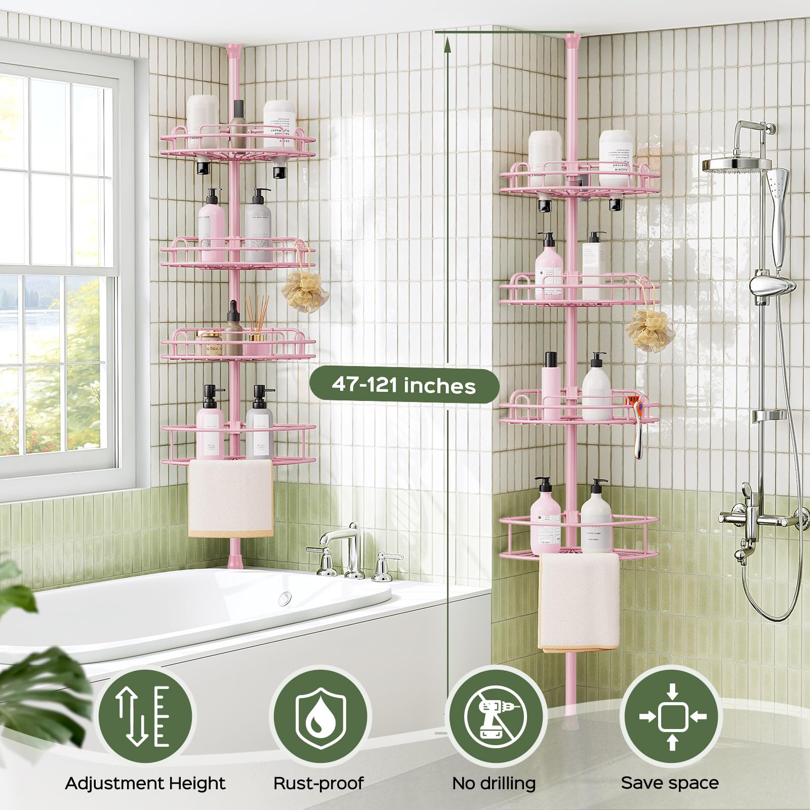 HAMITOR pink corner caddy fits small bathrooms for organized storage.
