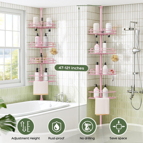 HAMITOR pink corner caddy fits small bathrooms for organized storage.