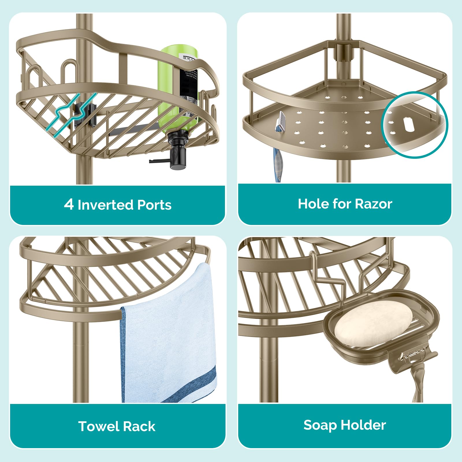 HAMITOR soap dish and towel bar with eight hooks for accessories.