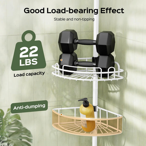 HAMITOR four-tier design maximizes corner space for shampoos and conditioners.
