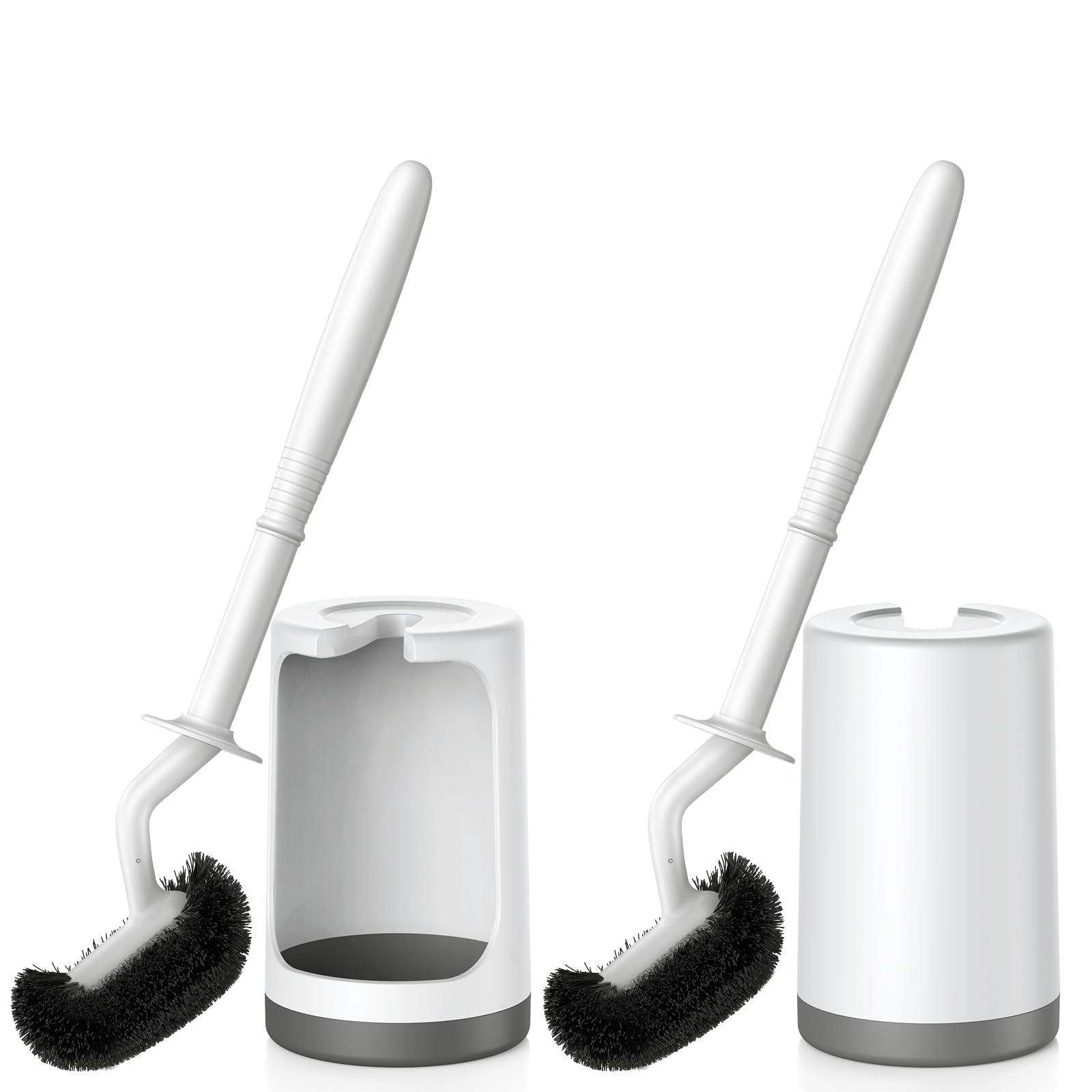 HAMITOR curved-design toilet brush reaches under rim for deep cleaning.