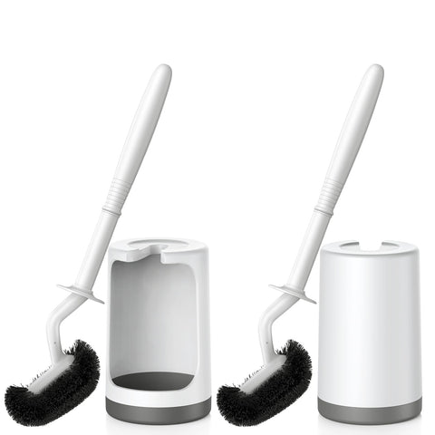 HAMITOR curved-design toilet brush reaches under rim for deep cleaning.