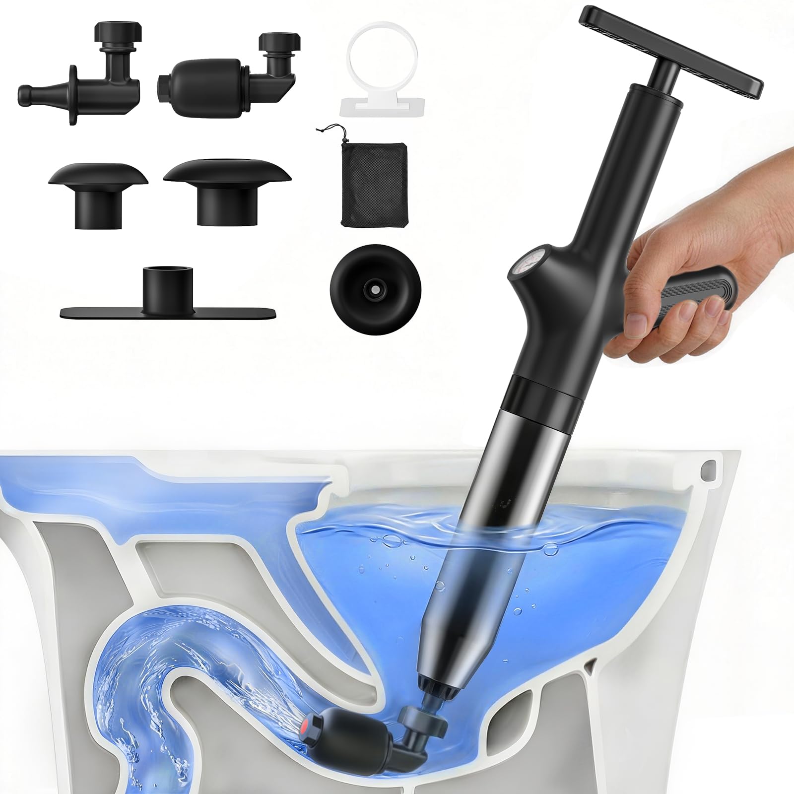 HAMITOR toilet plunger with airtight bulb for quick unclogging in contact