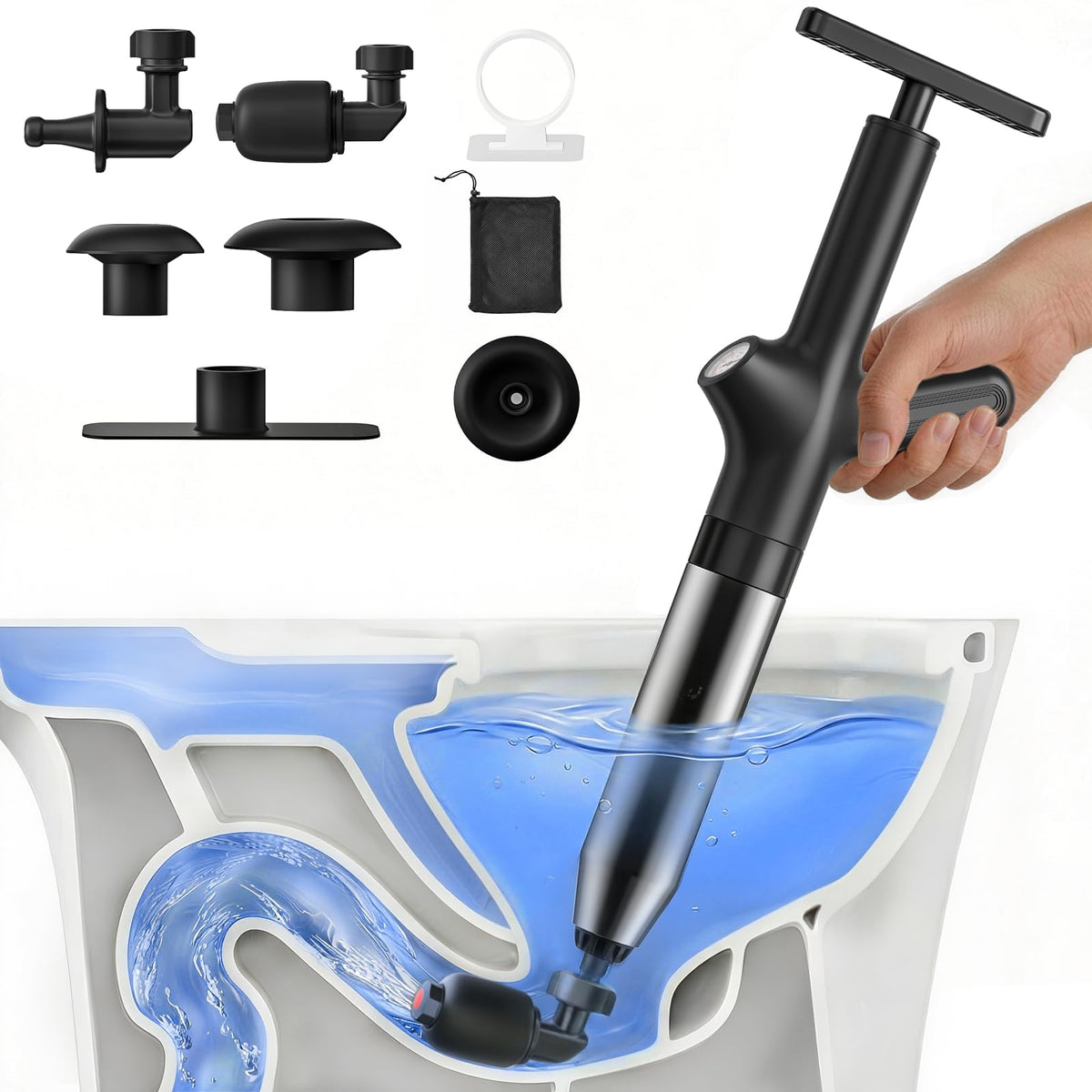 HAMITOR toilet plunger with airtight bulb for quick unclogging in contact