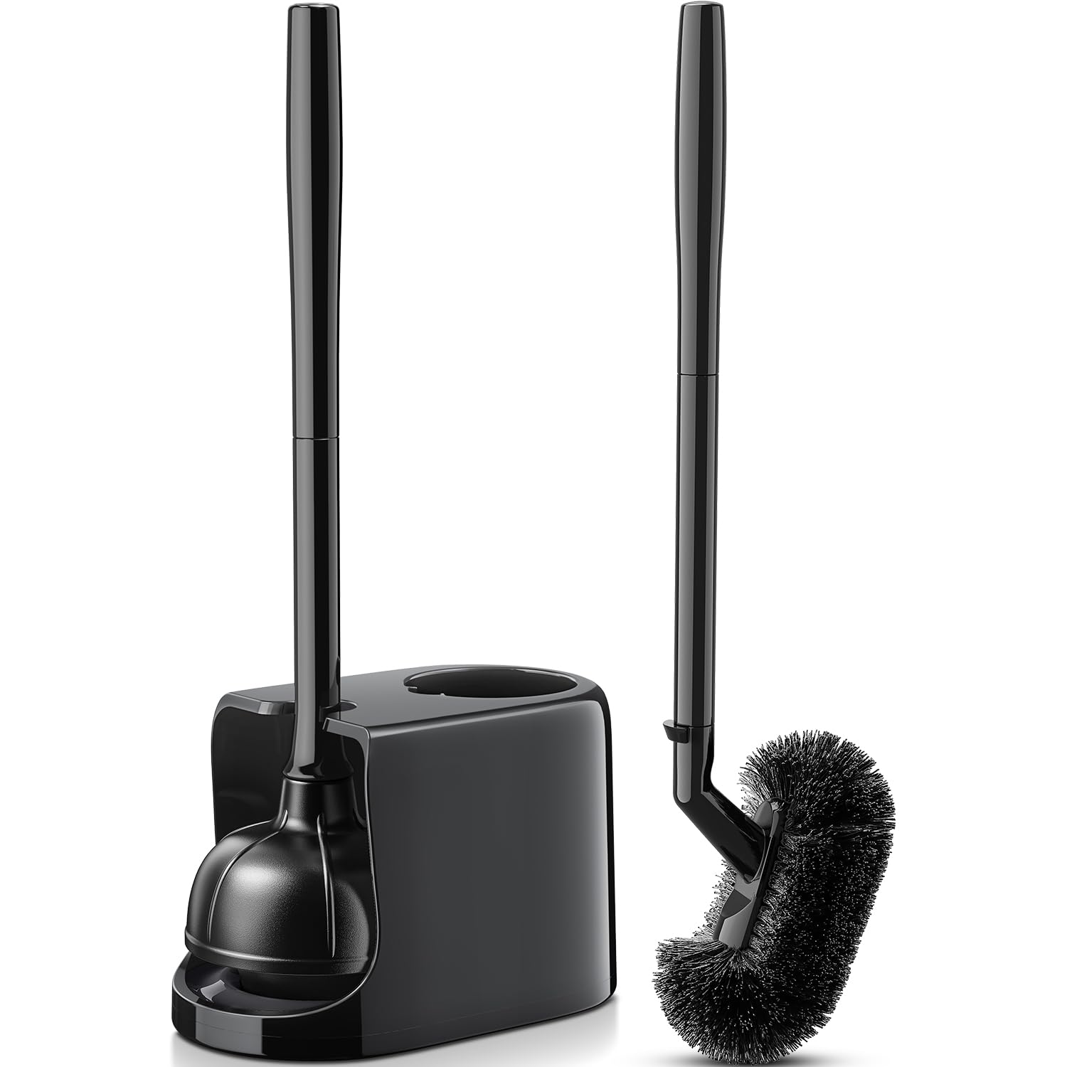 HAMITOR toilet plunger bowl brush combo with compact storage behind the toilet.