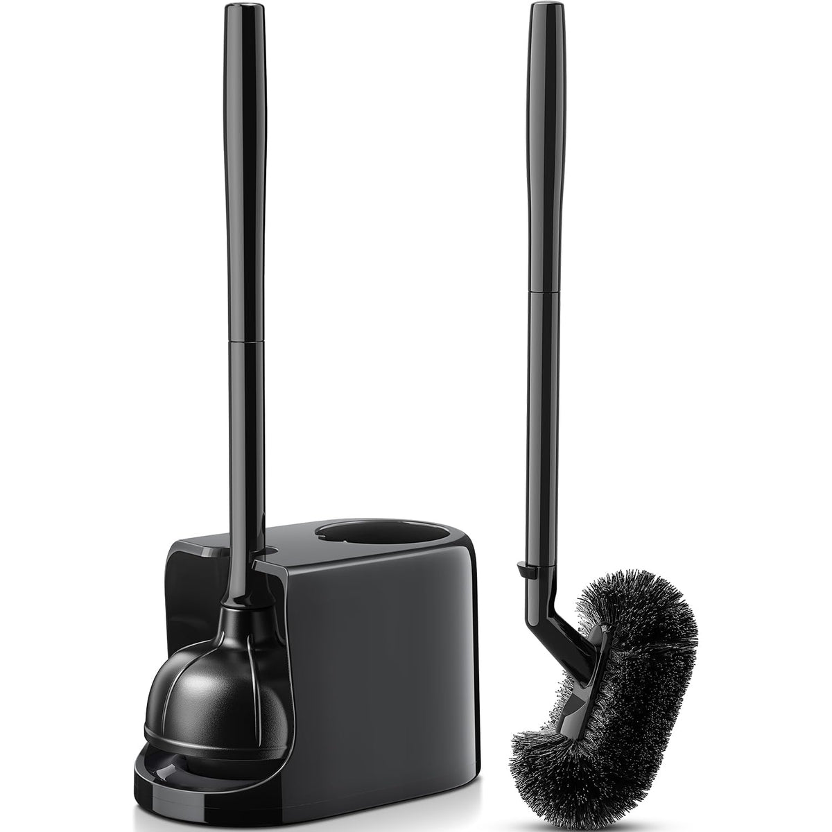 HAMITOR toilet plunger bowl brush combo with compact storage behind the toilet.
