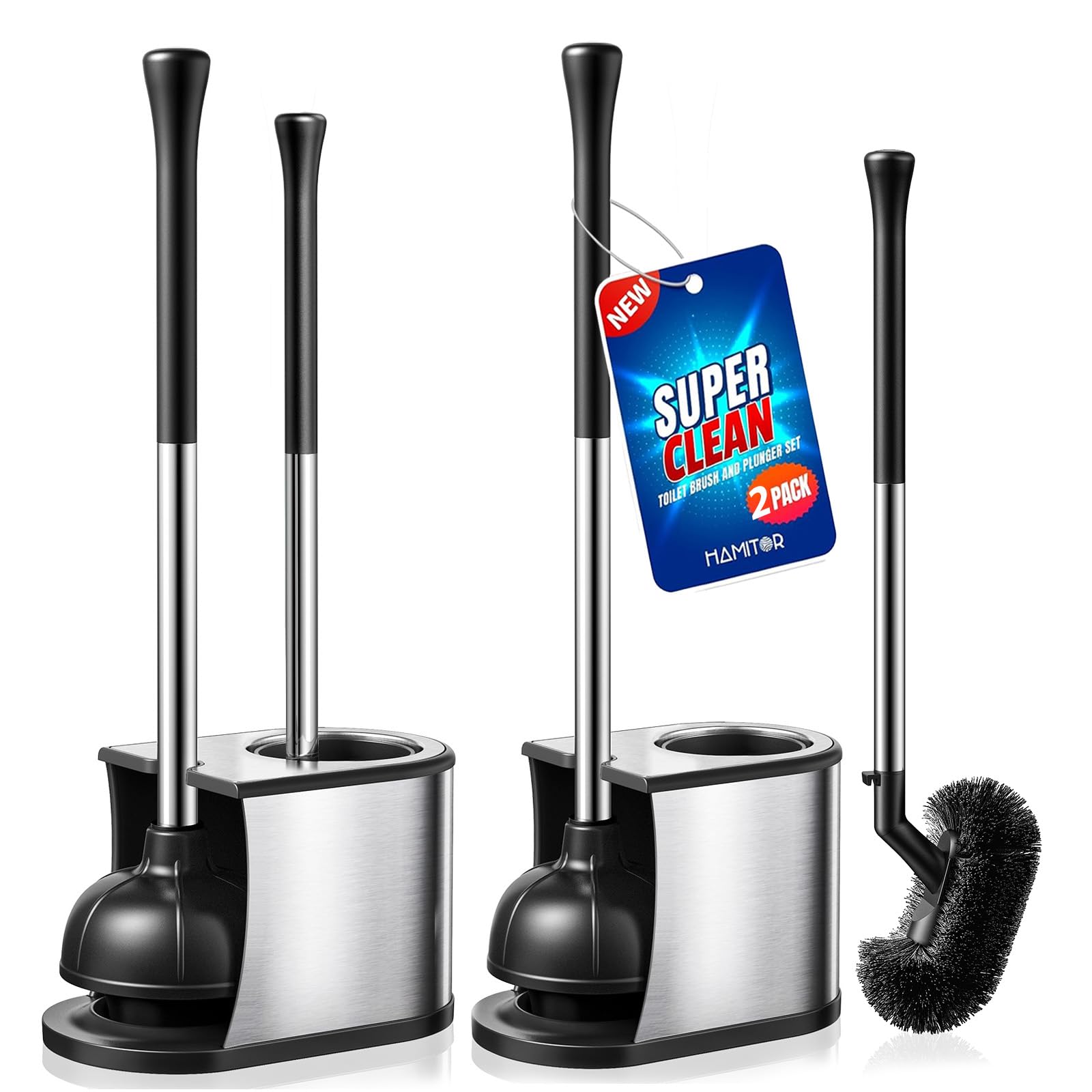HAMITOR 2-in-1 stainless steel plunger and brush for long-lasting bathroom cleaning.