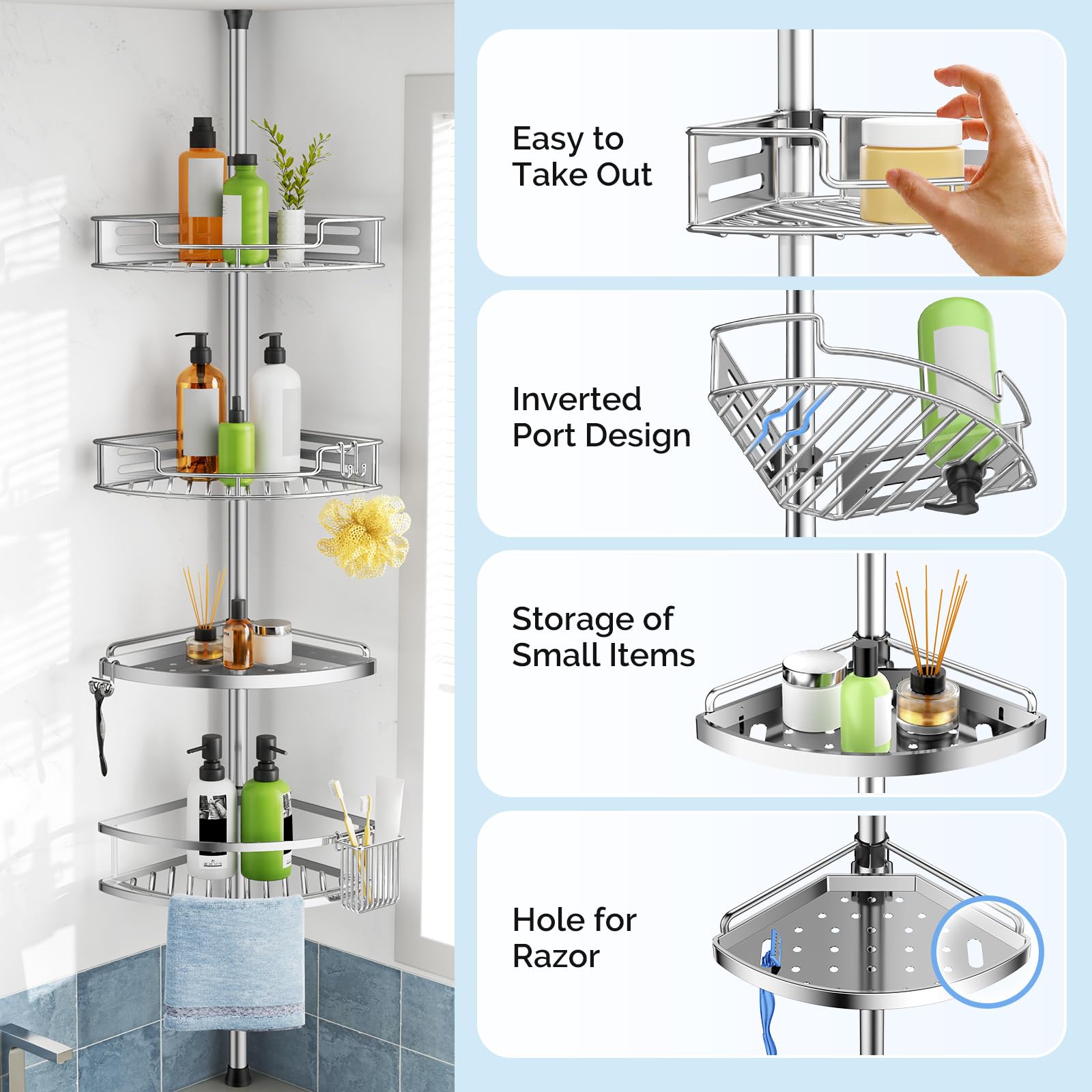 HAMITOR towel bar and hooks neatly organize towels and tools.