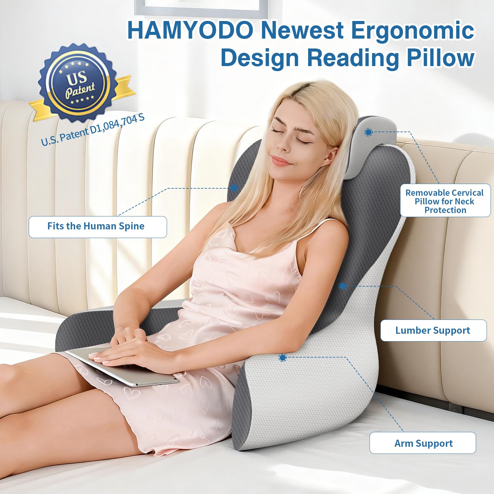 HAMYODO bed-rest pillow angled back support for ergonomic lounging.