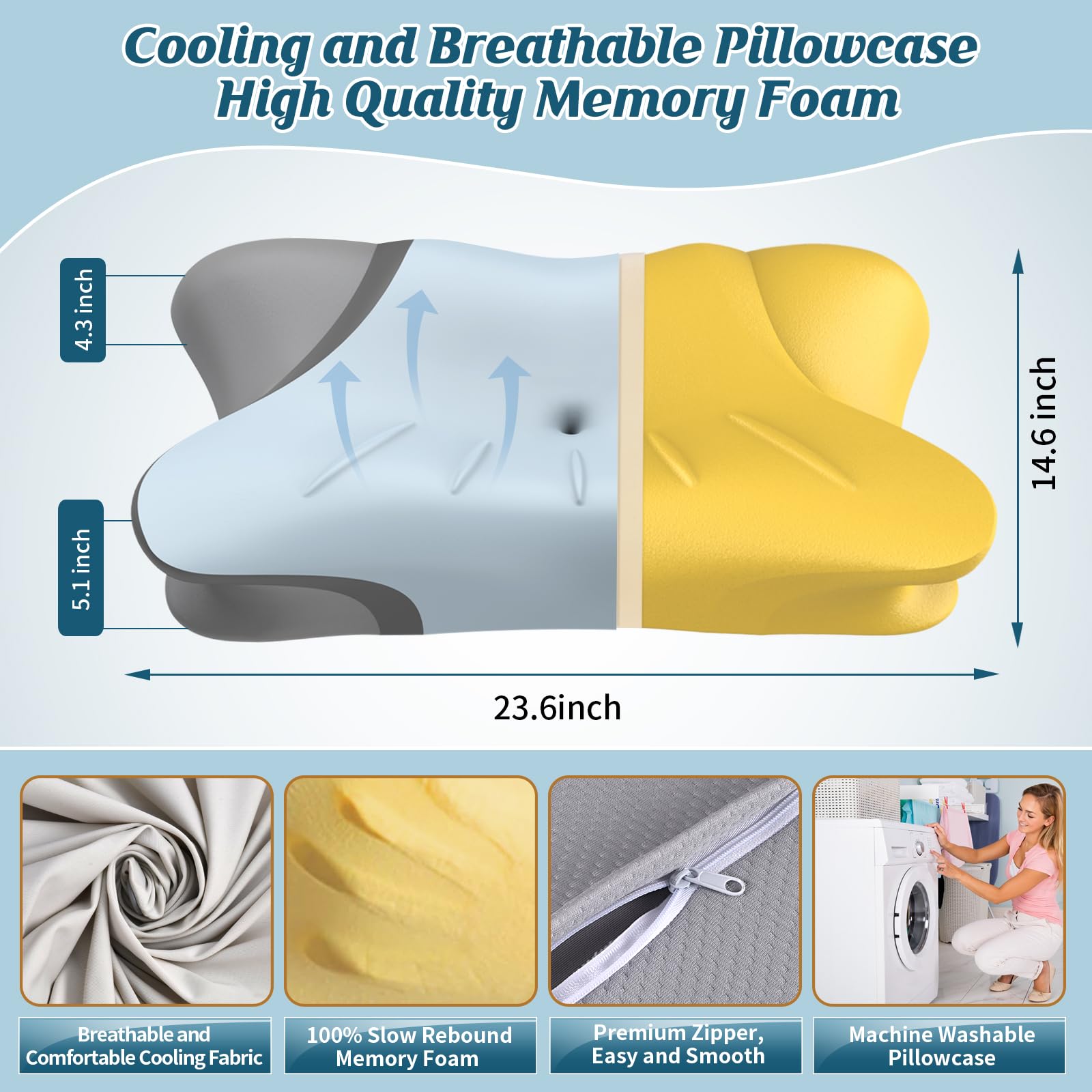 Side-view of HAMYODO contour pillow indicating neck alignment and shoulder comfort.