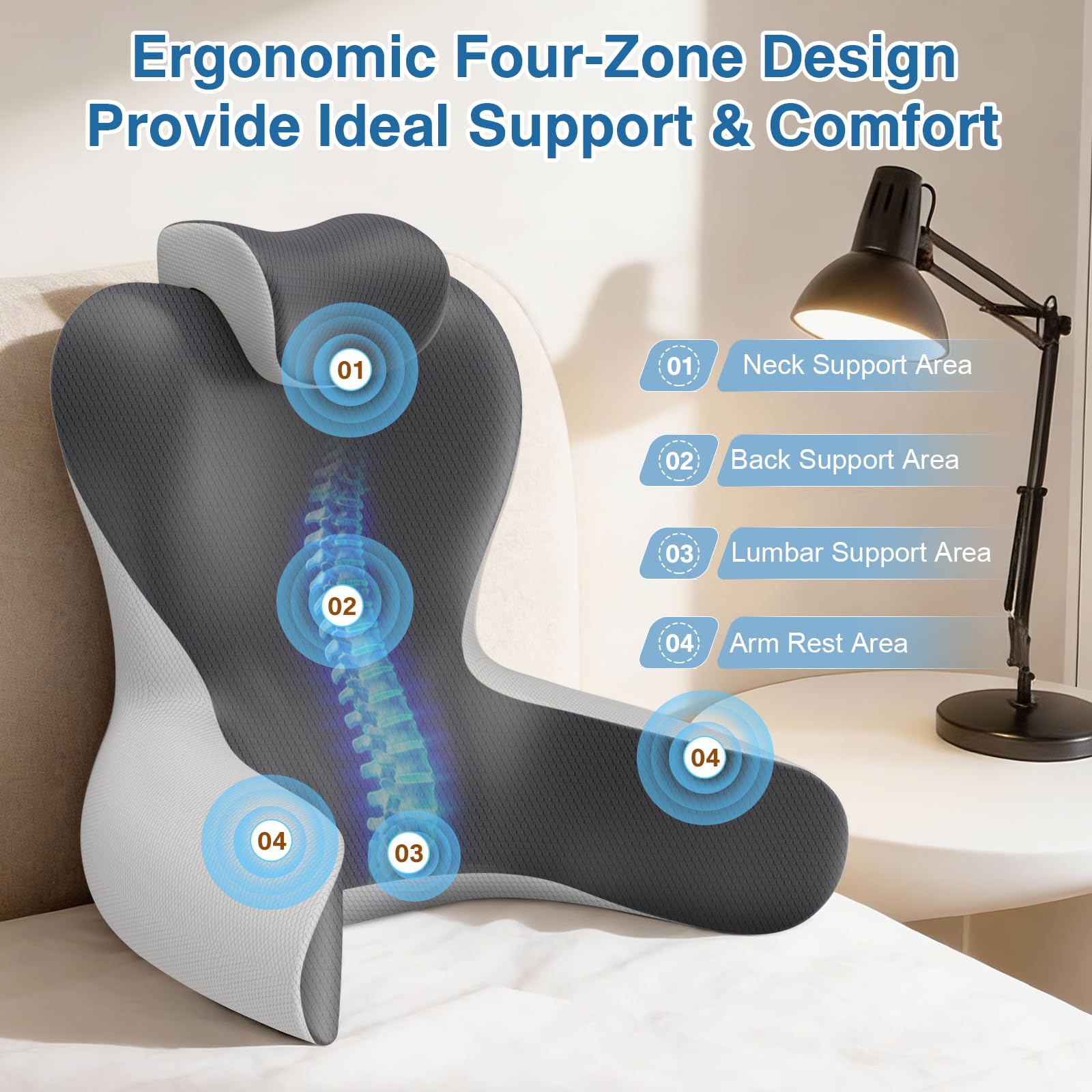 HAMYODO memory-foam back pillow close-up highlights contour comfort and support.