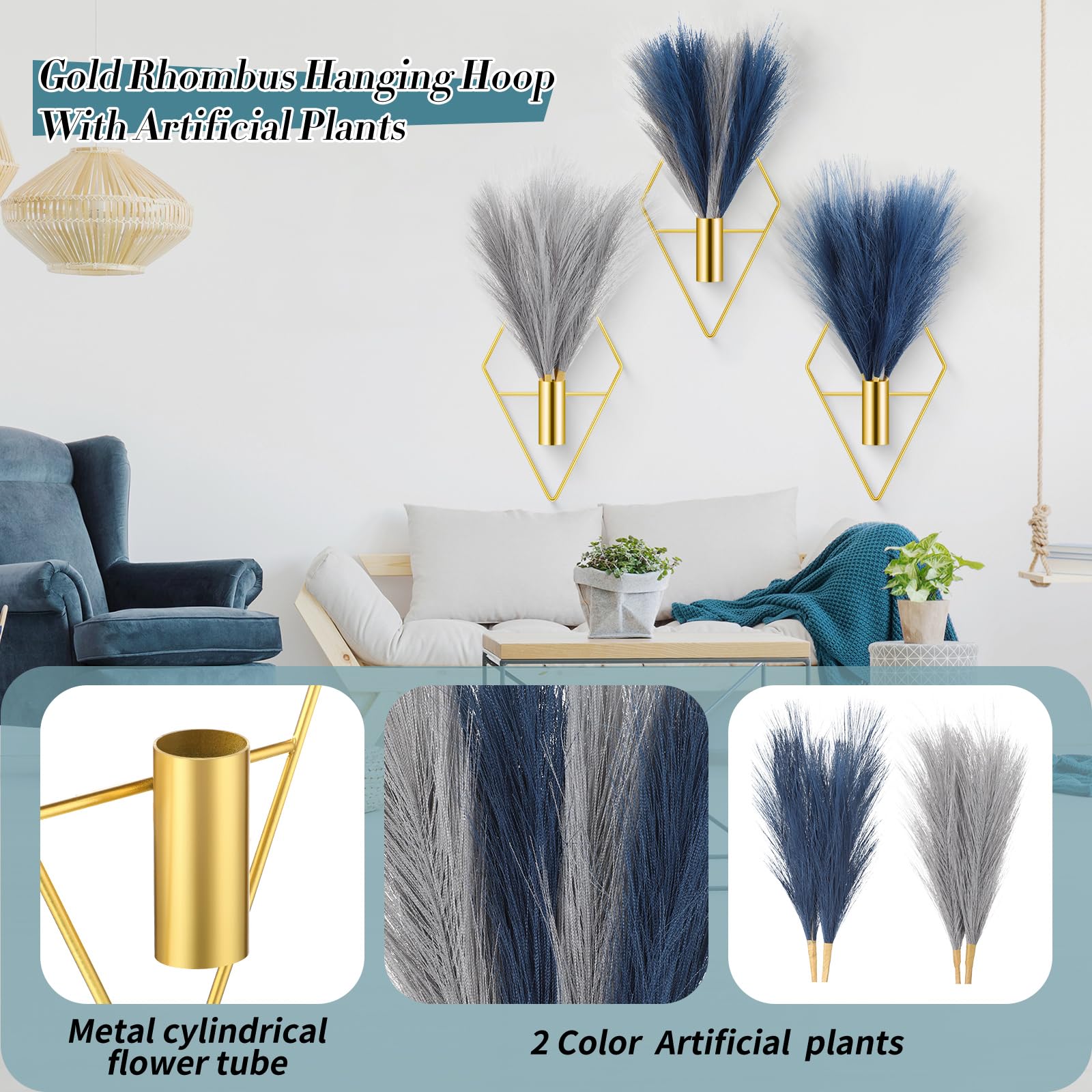 Hanaive blue artificial pampas bouquet provides a vivid wall accent