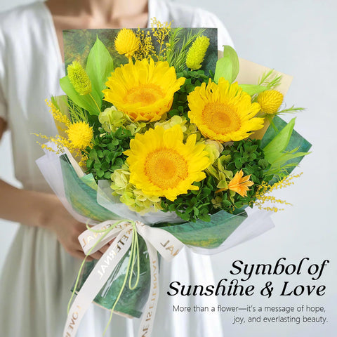 Hanameguri delivery-ready preserved sunflowers in a sleek gift box.