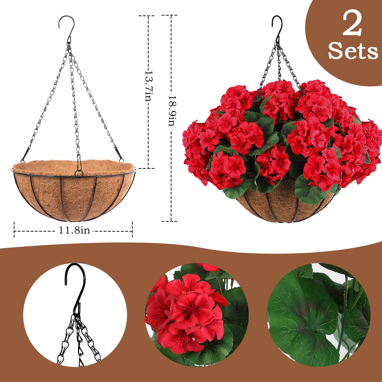 Hananona 2-pack hanging planters with red geraniums for easy porch decor