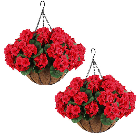 Hananona artificial red geraniums in outdoor hanging baskets for vibrant curb appeal