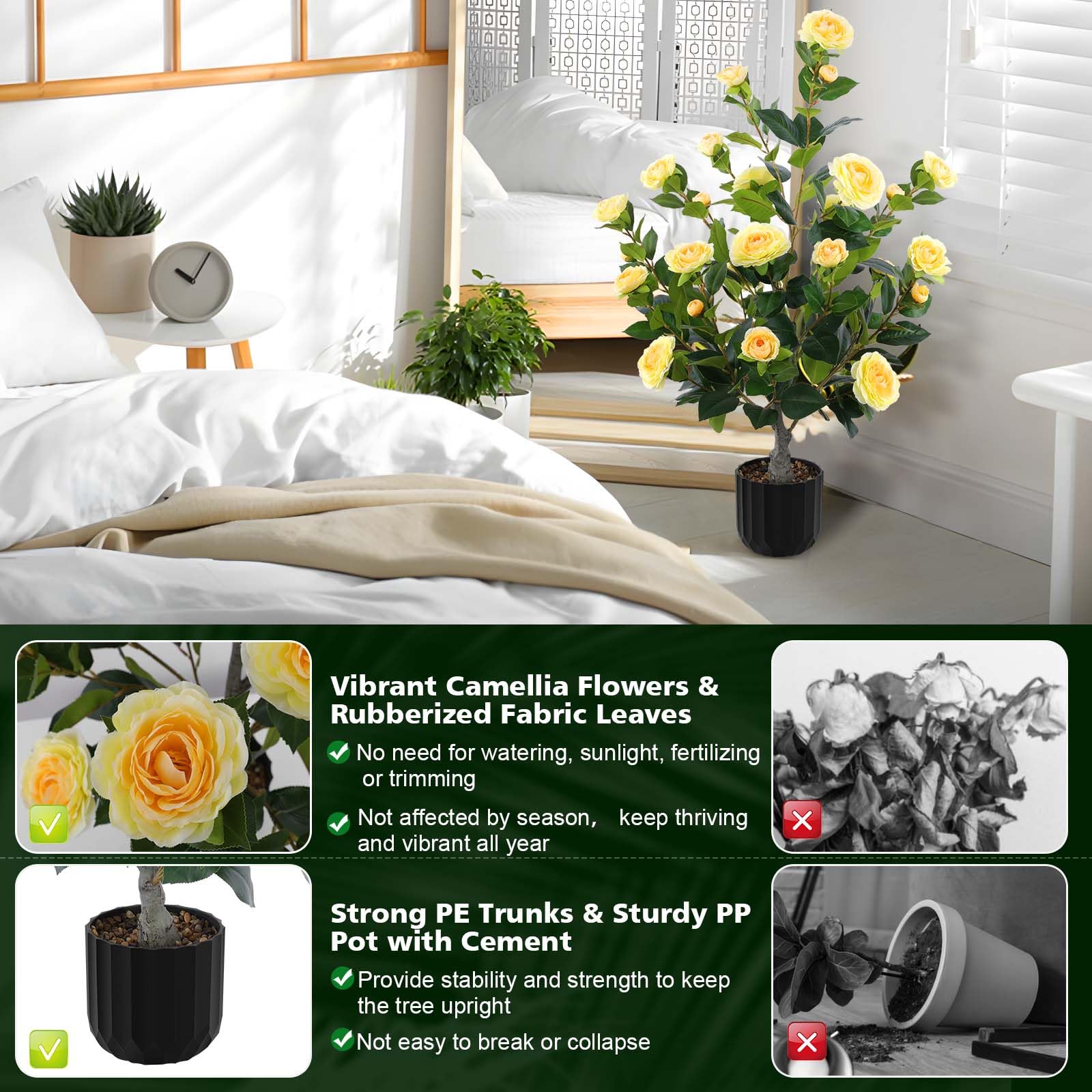 Hananona camellia tree on a porch adds bright color to outdoor welcome spaces.
