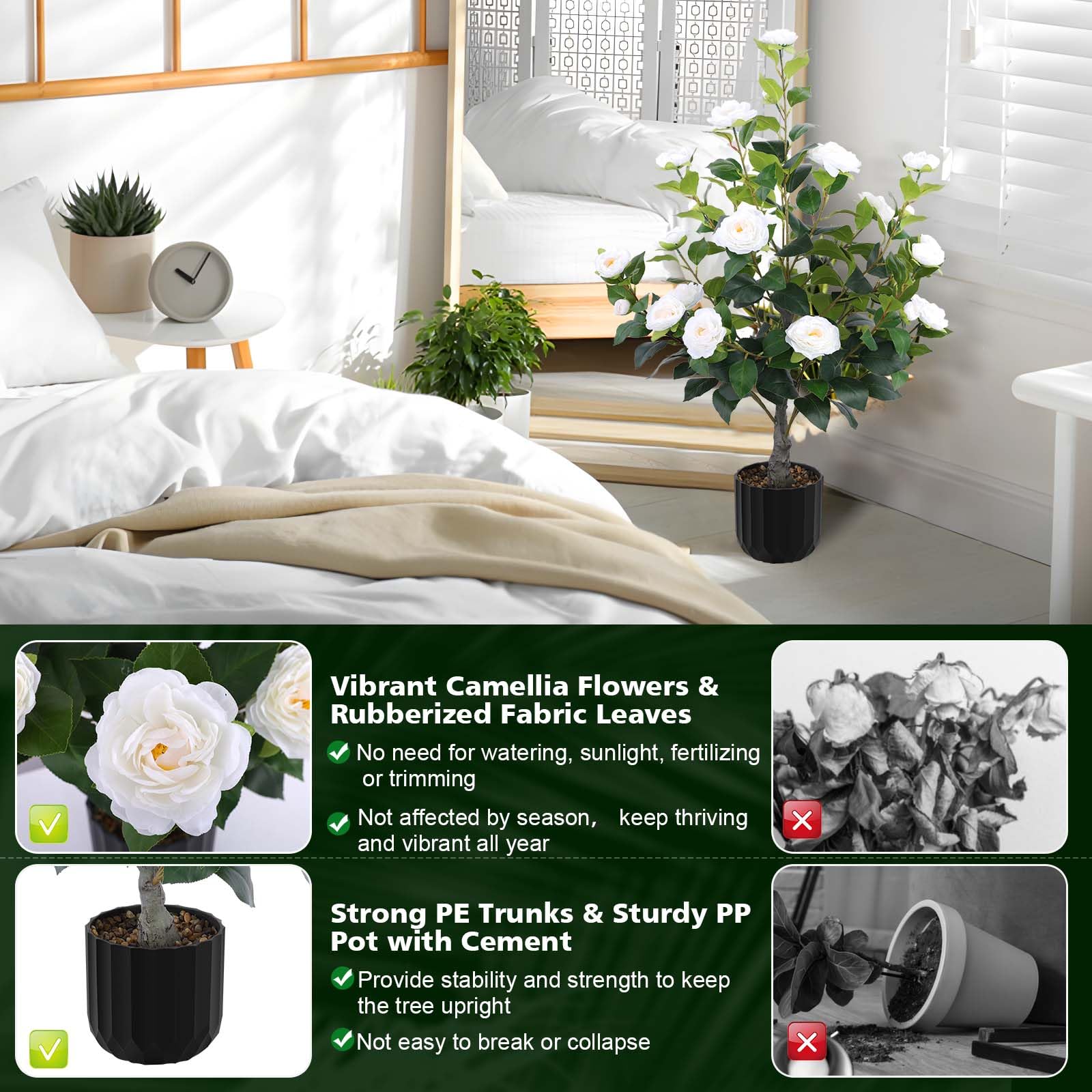 Hananona camellia tree front door decor creates a welcoming entrance.