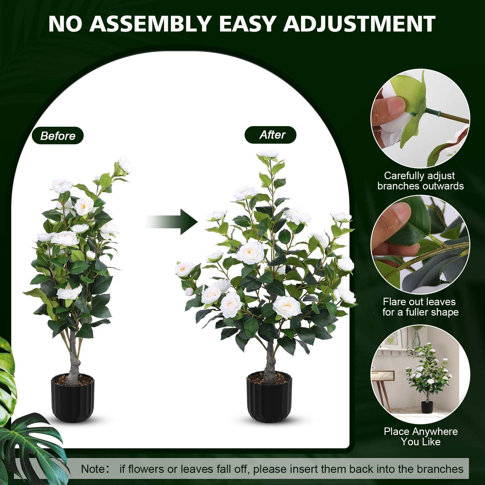 Hananona camellia tree indoor dining room setup enhances centerpiece ambience.