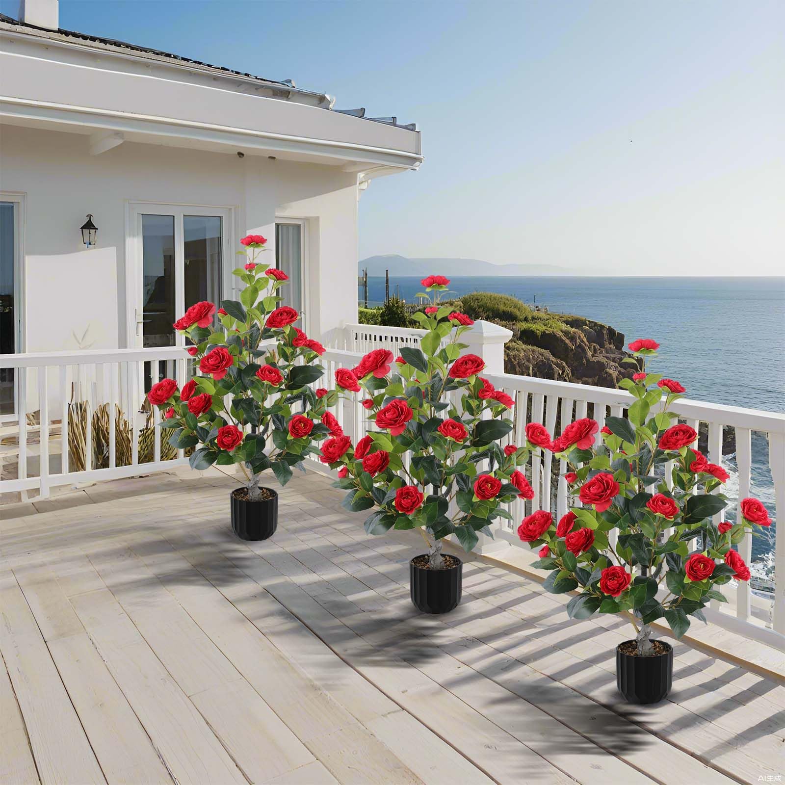 Hananona front door camellia arrangement welcomes guests with color.